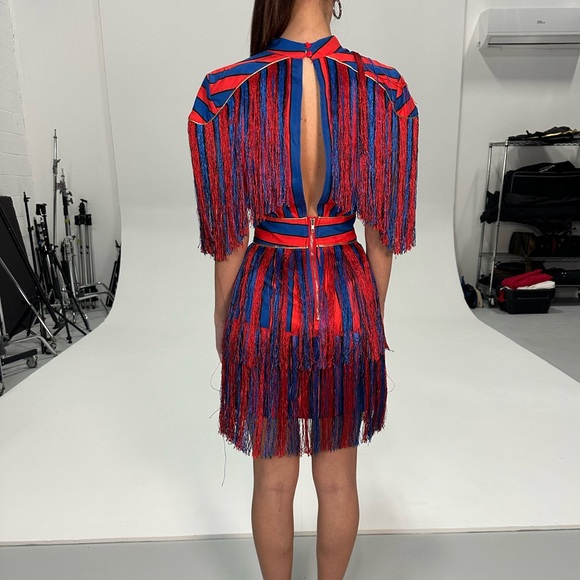 Striped Red and Blue Fringe tassel mini Dress - Picture 3 of 8